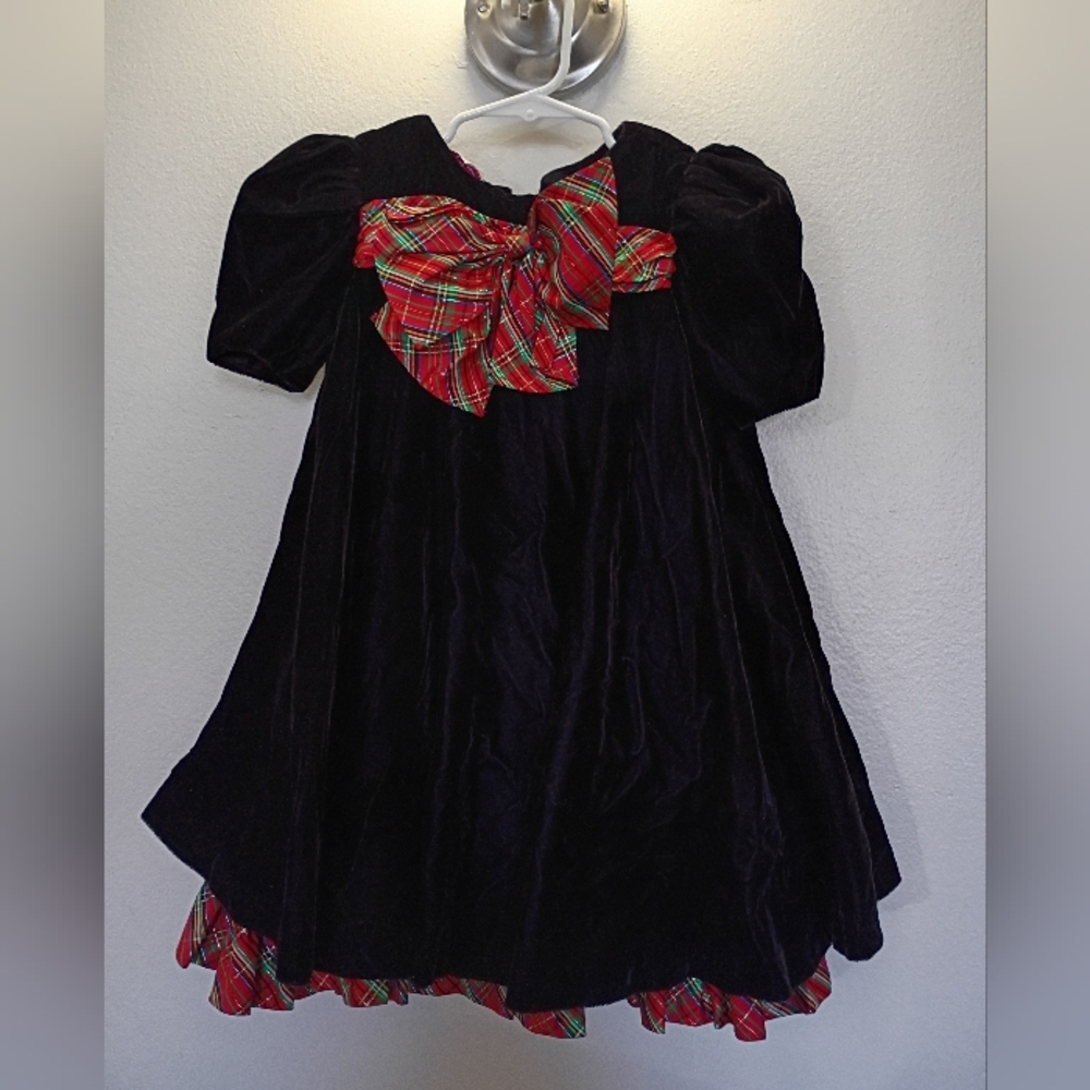Vintage Black Velvet Dress with Red Plaid Bow